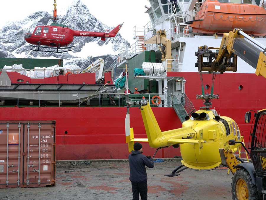 The SGHT helicopters being loaded in the hold of the RRS Shackleton. Photo Dag Børresen.