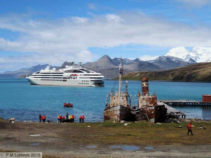 cruise ship Le Soleal next to historic sealers Albatross and Dias